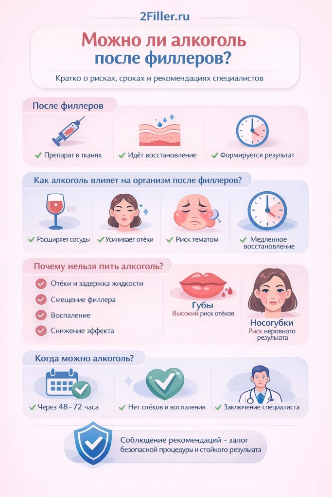Инфографика "Можно ли алкоголь после филлеров" Инфографика "Можно ли алкоголь после филлеров" - подробно разбираем